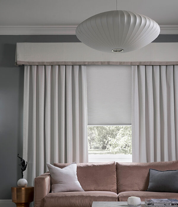Valance with banding with blockout curtains and blind