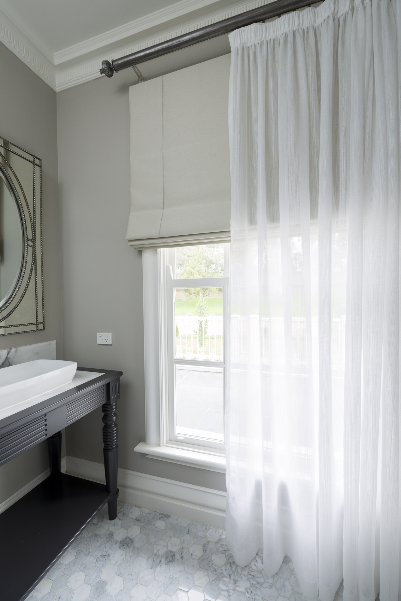 Roman Blind with Pencil Pleat Sheer Curtains on Decorator Track