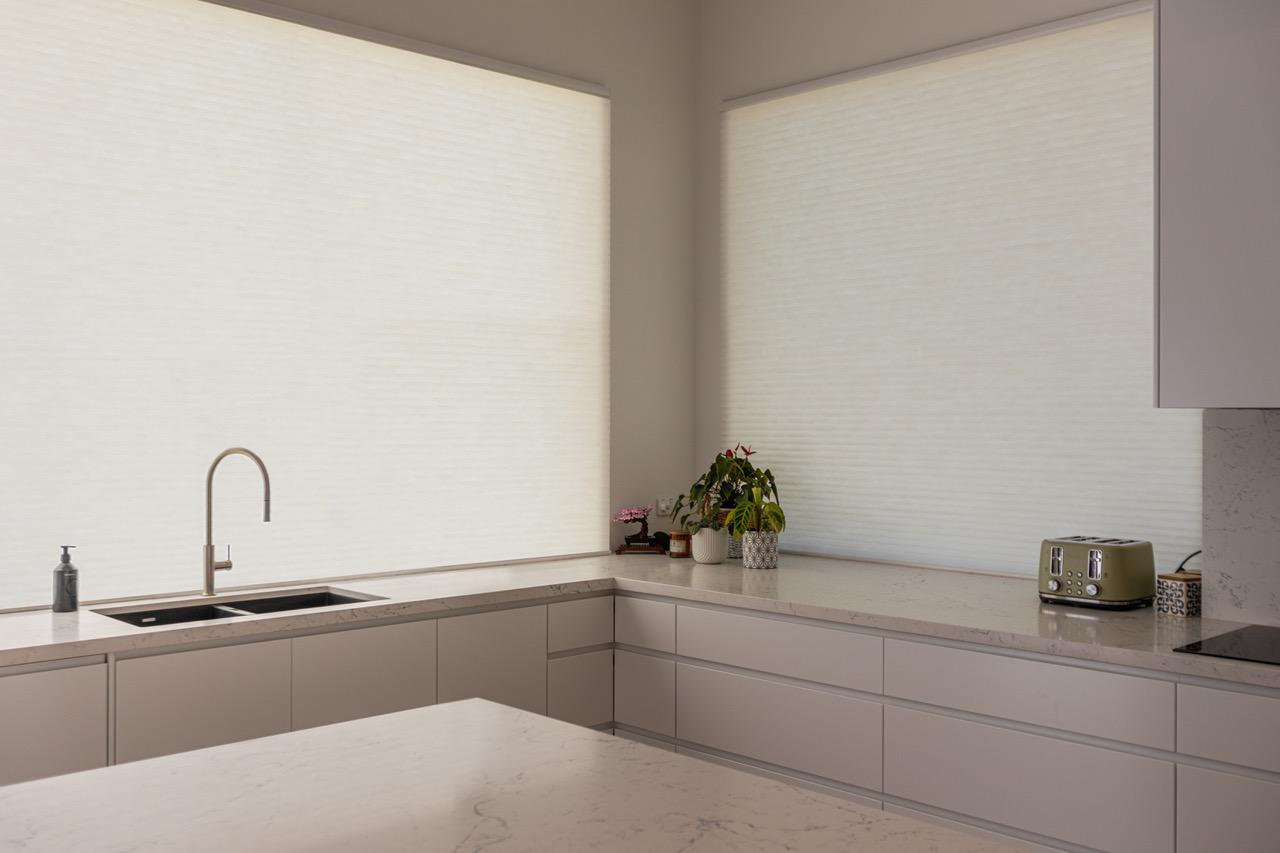 Neutral coloured Cellular Blinds fully closed in a kitchen